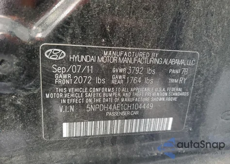 2012 Hyundai Elantra Gls из США, поврежденный, VIN 5NPDH4AE1CH104449